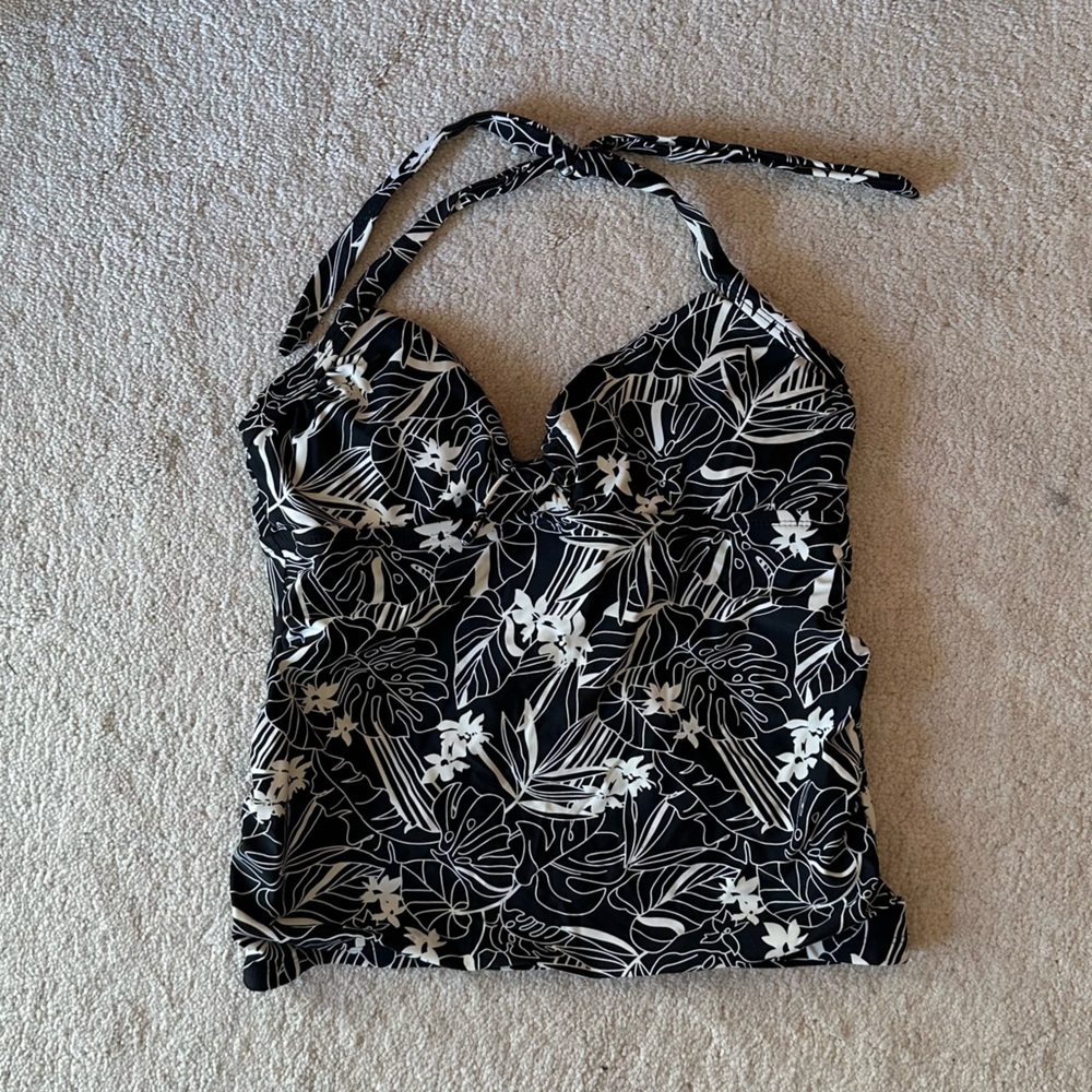 Black and White Floral Women's Tankini Halter Swimsuit